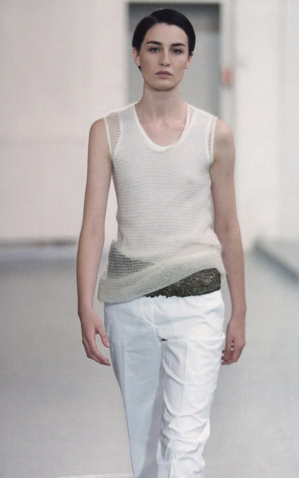 Layered, sheer white tank top in the Helmut Lang Spring/Summer 1999 News  Photo - Getty Images